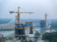 In Shanghai, China, on November 22, 2024, a photo shows the Shanghai Demonstration Zone Line crossing the Highway Port Bridge under construc...