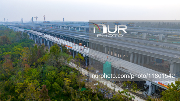 In Shanghai, China, on November 22, 2024, a photo shows the Shanghai Demonstration Zone Line crossing the Highway Port Bridge under construc...