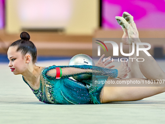 Anna Kondrashina of Belarus competes in the Ball final of the International Rhythmic Gymnastics Tournament ''Sky Grace 2024'' at Aspire Zone...