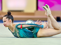 Anna Kondrashina of Belarus competes in the Ball final of the International Rhythmic Gymnastics Tournament ''Sky Grace 2024'' at Aspire Zone...