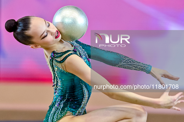 Anna Kondrashina of Belarus competes in the Ball final of the International Rhythmic Gymnastics Tournament ''Sky Grace 2024'' at Aspire Zone...