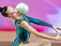 Anna Kondrashina of Belarus competes in the Ball final of the International Rhythmic Gymnastics Tournament ''Sky Grace 2024'' at Aspire Zone...