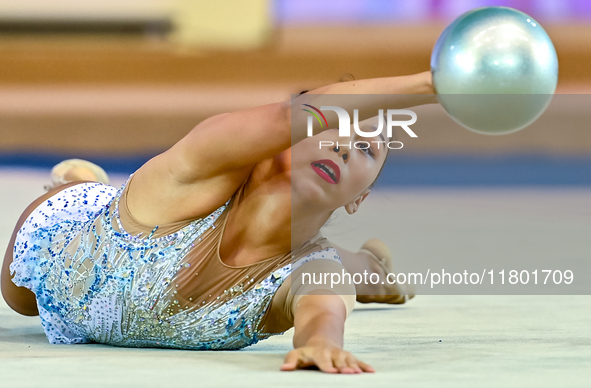 Aibota Yertaikyzy of Kazakhstan competes in the Ball final of the International Rhythmic Gymnastics Tournament ''Sky Grace 2024'' at Aspire...