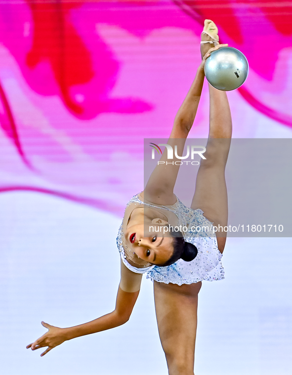 Aibota Yertaikyzy of Kazakhstan competes in the Ball final of the International Rhythmic Gymnastics Tournament ''Sky Grace 2024'' at Aspire...