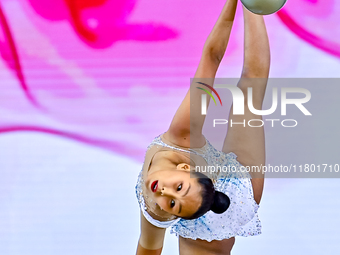 Aibota Yertaikyzy of Kazakhstan competes in the Ball final of the International Rhythmic Gymnastics Tournament ''Sky Grace 2024'' at Aspire...