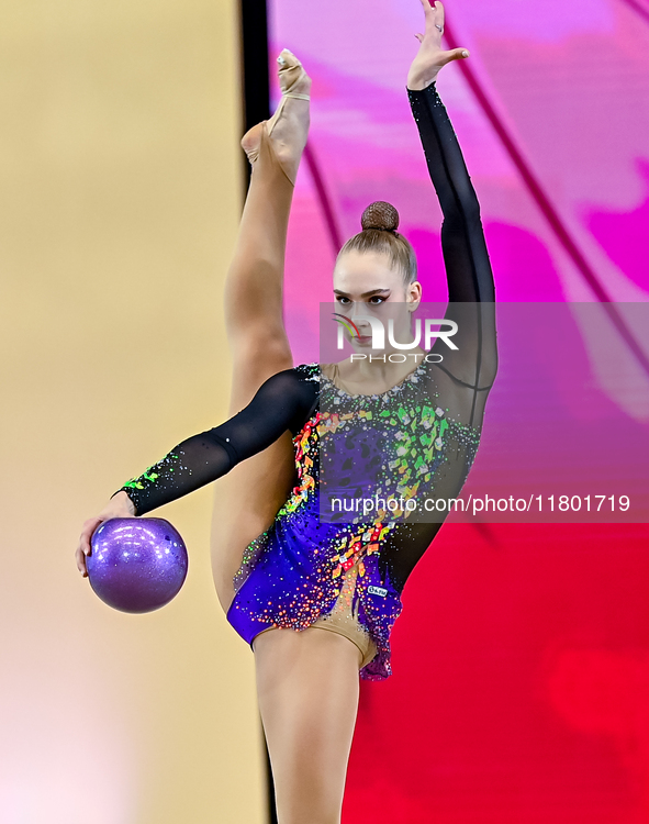 Natalya Usova of Uzbekistan competes in the Ball final of the International Rhythmic Gymnastics Tournament ''Sky Grace 2024'' at Aspire Zone...