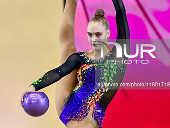 Natalya Usova of Uzbekistan competes in the Ball final of the International Rhythmic Gymnastics Tournament ''Sky Grace 2024'' at Aspire Zone...