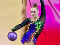 Natalya Usova of Uzbekistan competes in the Ball final of the International Rhythmic Gymnastics Tournament ''Sky Grace 2024'' at Aspire Zone...