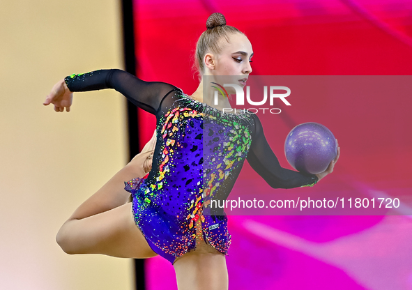 Natalya Usova of Uzbekistan competes in the Ball final of the International Rhythmic Gymnastics Tournament ''Sky Grace 2024'' at Aspire Zone...