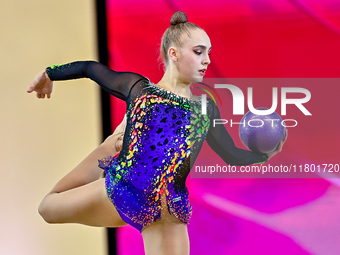 Natalya Usova of Uzbekistan competes in the Ball final of the International Rhythmic Gymnastics Tournament ''Sky Grace 2024'' at Aspire Zone...