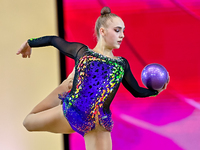 Natalya Usova of Uzbekistan competes in the Ball final of the International Rhythmic Gymnastics Tournament ''Sky Grace 2024'' at Aspire Zone...