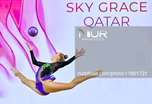 Natalya Usova of Uzbekistan competes in the Ball final of the International Rhythmic Gymnastics Tournament ''Sky Grace 2024'' at Aspire Zone...