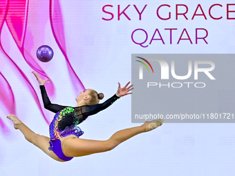 Natalya Usova of Uzbekistan competes in the Ball final of the International Rhythmic Gymnastics Tournament ''Sky Grace 2024'' at Aspire Zone...