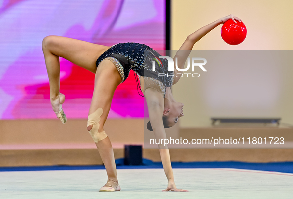 Alina Harnasko of Belarus competes in the Ball final of the International Rhythmic Gymnastics Tournament ''Sky Grace 2024'' at Aspire Zone F...