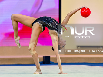 Alina Harnasko of Belarus competes in the Ball final of the International Rhythmic Gymnastics Tournament ''Sky Grace 2024'' at Aspire Zone F...