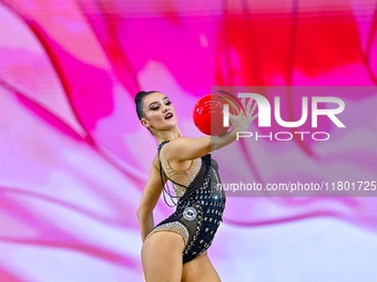 Alina Harnasko of Belarus competes in the Ball final of the International Rhythmic Gymnastics Tournament ''Sky Grace 2024'' at Aspire Zone F...