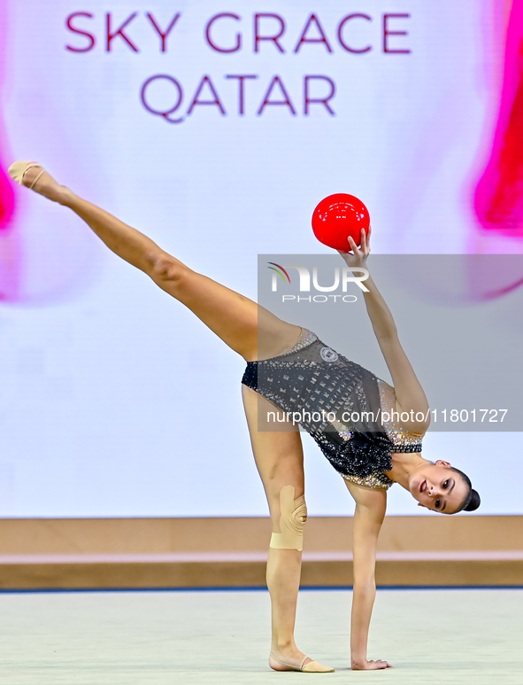 Alina Harnasko of Belarus competes in the Ball final of the International Rhythmic Gymnastics Tournament ''Sky Grace 2024'' at Aspire Zone F...