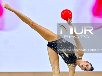 Alina Harnasko of Belarus competes in the Ball final of the International Rhythmic Gymnastics Tournament ''Sky Grace 2024'' at Aspire Zone F...