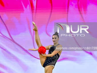 Alina Harnasko of Belarus competes in the Ball final of the International Rhythmic Gymnastics Tournament ''Sky Grace 2024'' at Aspire Zone F...