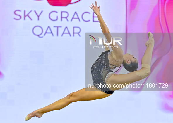 Alina Harnasko of Belarus competes in the Ball final of the International Rhythmic Gymnastics Tournament ''Sky Grace 2024'' at Aspire Zone F...