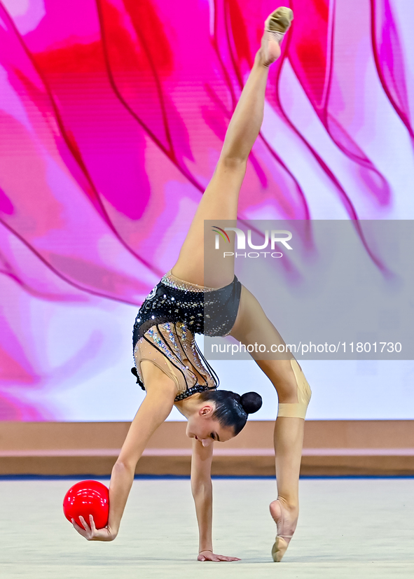 Alina Harnasko of Belarus competes in the Ball final of the International Rhythmic Gymnastics Tournament ''Sky Grace 2024'' at Aspire Zone F...