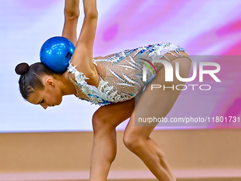 Alina Harnasko of Belarus competes in the Ball final of the International Rhythmic Gymnastics Tournament ''Sky Grace 2024'' at Aspire Zone F...