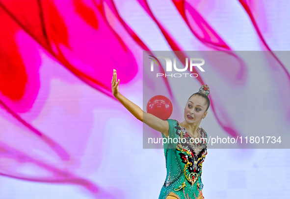 Silva Sargsyan of Armenia competes in the Ball final of the International Rhythmic Gymnastics Tournament ''Sky Grace 2024'' at Aspire Zone F...