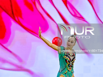 Silva Sargsyan of Armenia competes in the Ball final of the International Rhythmic Gymnastics Tournament ''Sky Grace 2024'' at Aspire Zone F...