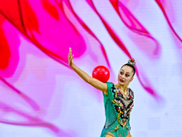 Silva Sargsyan of Armenia competes in the Ball final of the International Rhythmic Gymnastics Tournament ''Sky Grace 2024'' at Aspire Zone F...