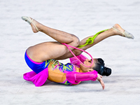 Sanyukta Kale of India competes in the rope final of the International Rhythmic Gymnastics Tournament ''Sky Grace 2024'' at Aspire Zone Foun...