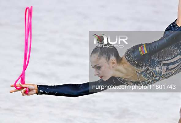 Silva Sargsyan of Armenia competes in the rope final of the International Rhythmic Gymnastics Tournament ''Sky Grace 2024'' at Aspire Zone F...