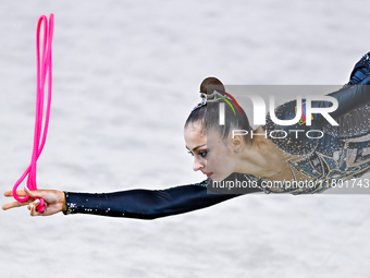 Silva Sargsyan of Armenia competes in the rope final of the International Rhythmic Gymnastics Tournament ''Sky Grace 2024'' at Aspire Zone F...