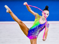 Polina Frolova of Russia competes in the rope final of the International Rhythmic Gymnastics Tournament ''Sky Grace 2024'' at Aspire Zone Fo...