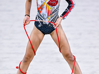 Isabella Rojas of Cuba competes in the rope final of the International Rhythmic Gymnastics Tournament ''Sky Grace 2024'' at Aspire Zone Foun...