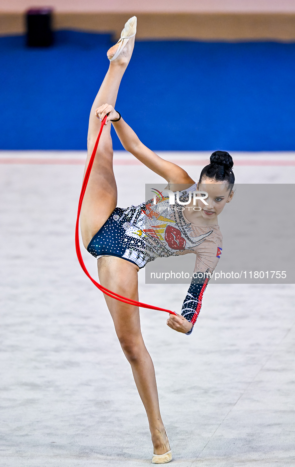 Isabella Rojas of Cuba competes in the rope final of the International Rhythmic Gymnastics Tournament ''Sky Grace 2024'' at Aspire Zone Foun...