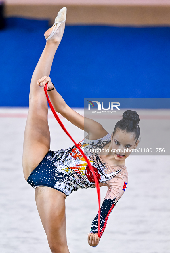 Isabella Rojas of Cuba competes in the rope final of the International Rhythmic Gymnastics Tournament ''Sky Grace 2024'' at Aspire Zone Foun...