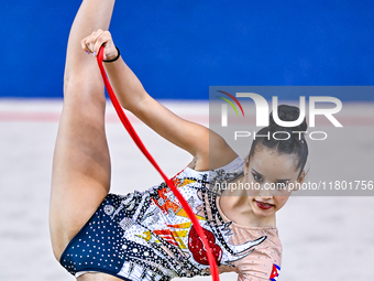 Isabella Rojas of Cuba competes in the rope final of the International Rhythmic Gymnastics Tournament ''Sky Grace 2024'' at Aspire Zone Foun...