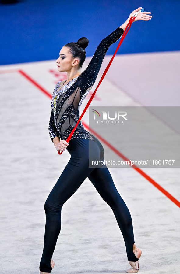 Alina Harnasko of Belarus competes in the rope final of the International Rhythmic Gymnastics Tournament 'Sky Grace 2024' at Aspire Zone Fou...