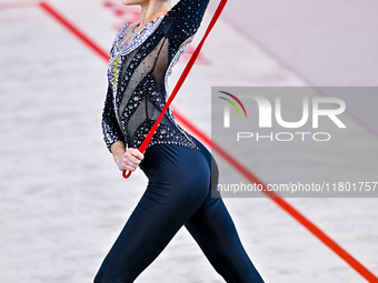 Alina Harnasko of Belarus competes in the rope final of the International Rhythmic Gymnastics Tournament 'Sky Grace 2024' at Aspire Zone Fou...