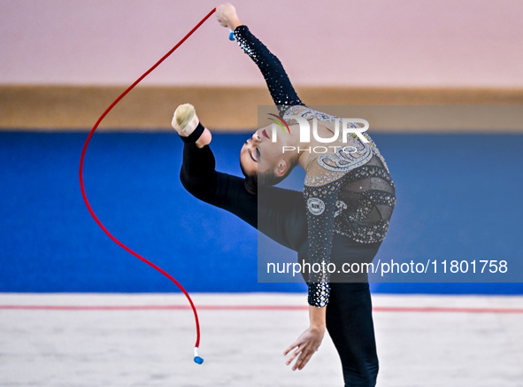 Alina Harnasko of Belarus competes in the rope final of the International Rhythmic Gymnastics Tournament 'Sky Grace 2024' at Aspire Zone Fou...