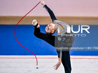 Alina Harnasko of Belarus competes in the rope final of the International Rhythmic Gymnastics Tournament 'Sky Grace 2024' at Aspire Zone Fou...