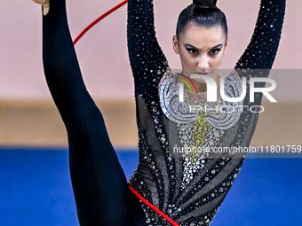 Alina Harnasko of Belarus competes in the rope final of the International Rhythmic Gymnastics Tournament 'Sky Grace 2024' at Aspire Zone Fou...