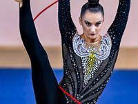 Alina Harnasko of Belarus competes in the rope final of the International Rhythmic Gymnastics Tournament 'Sky Grace 2024' at Aspire Zone Fou...