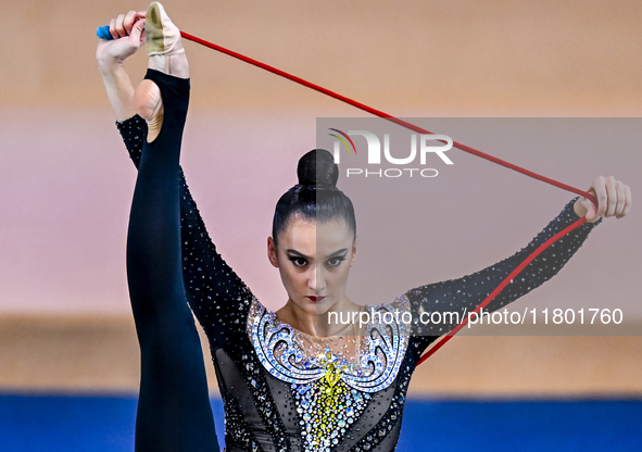 Alina Harnasko of Belarus competes in the rope final of the International Rhythmic Gymnastics Tournament 'Sky Grace 2024' at Aspire Zone Fou...