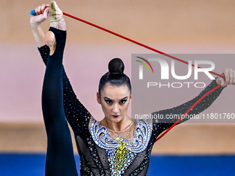 Alina Harnasko of Belarus competes in the rope final of the International Rhythmic Gymnastics Tournament 'Sky Grace 2024' at Aspire Zone Fou...