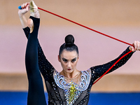 Alina Harnasko of Belarus competes in the rope final of the International Rhythmic Gymnastics Tournament 'Sky Grace 2024' at Aspire Zone Fou...