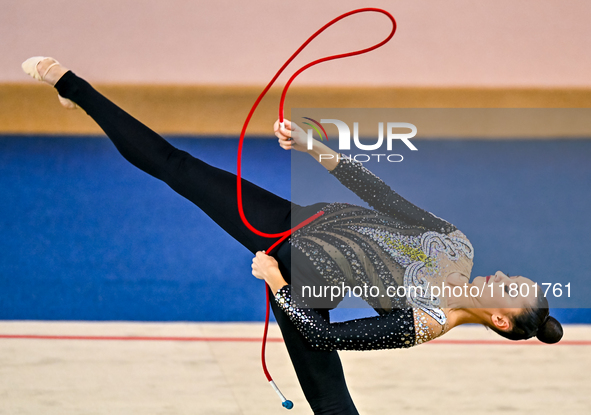 Alina Harnasko of Belarus competes in the rope final of the International Rhythmic Gymnastics Tournament 'Sky Grace 2024' at Aspire Zone Fou...