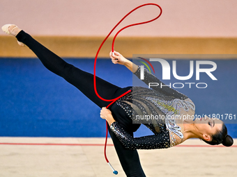 Alina Harnasko of Belarus competes in the rope final of the International Rhythmic Gymnastics Tournament 'Sky Grace 2024' at Aspire Zone Fou...