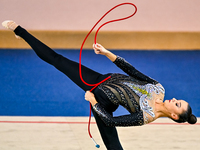 Alina Harnasko of Belarus competes in the rope final of the International Rhythmic Gymnastics Tournament 'Sky Grace 2024' at Aspire Zone Fou...