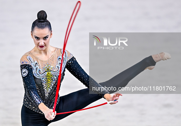 Alina Harnasko of Belarus competes in the rope final of the International Rhythmic Gymnastics Tournament 'Sky Grace 2024' at Aspire Zone Fou...